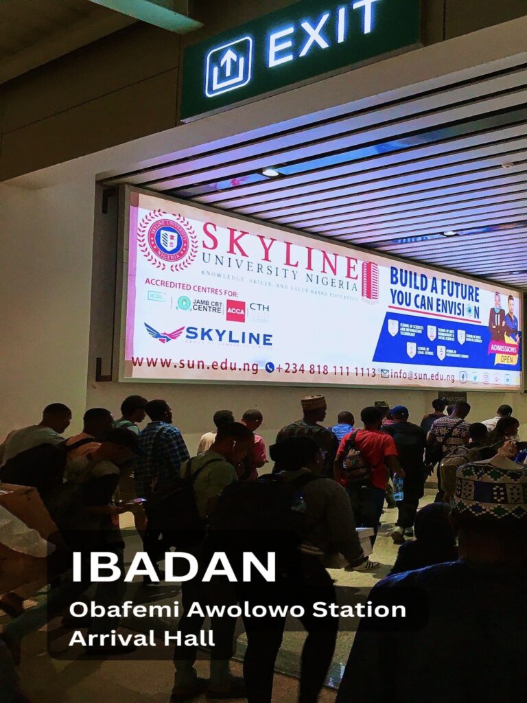 A photo of a Skyline Advert placed by Ends Corporate Limited at the arrival hall of the Obafemi Awolowo Station in Ibadan