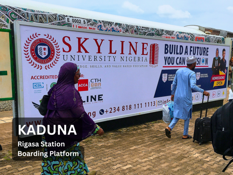 A photo of a Skyline ad placement by Ends Corporate Limited at the Boarding Platform of the Rigasa station in Kaduna