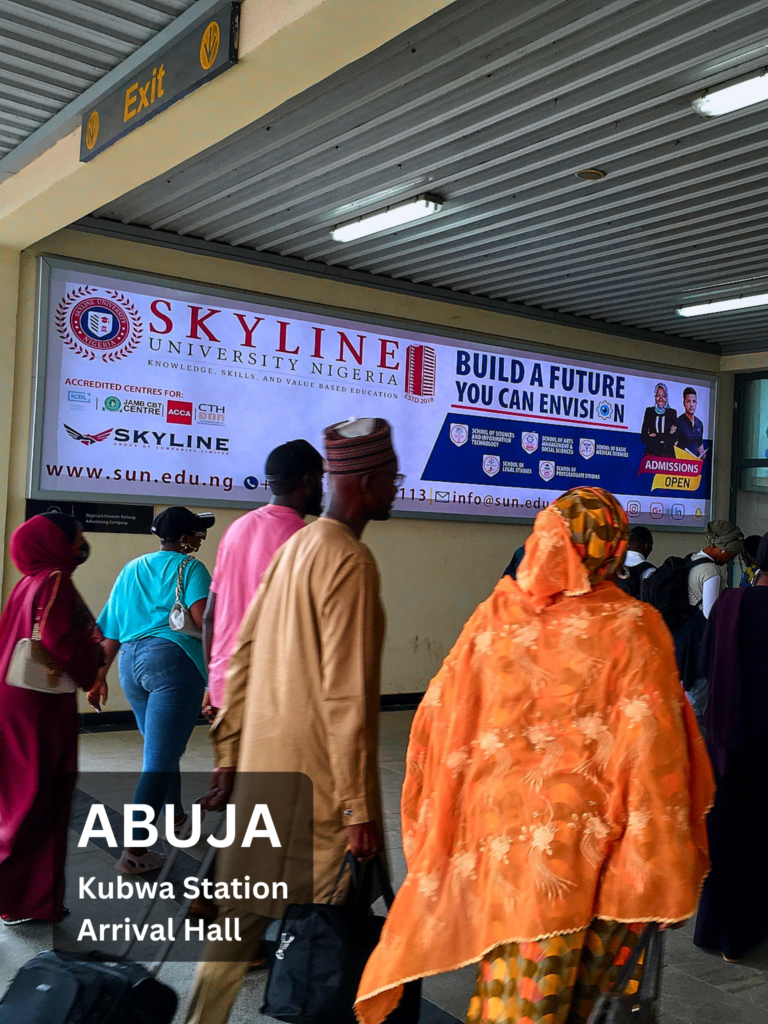 A photo of a Skyline Advert placed by Ends Corporate Limited at the arrival hall of the Kubwa Station in Abuja