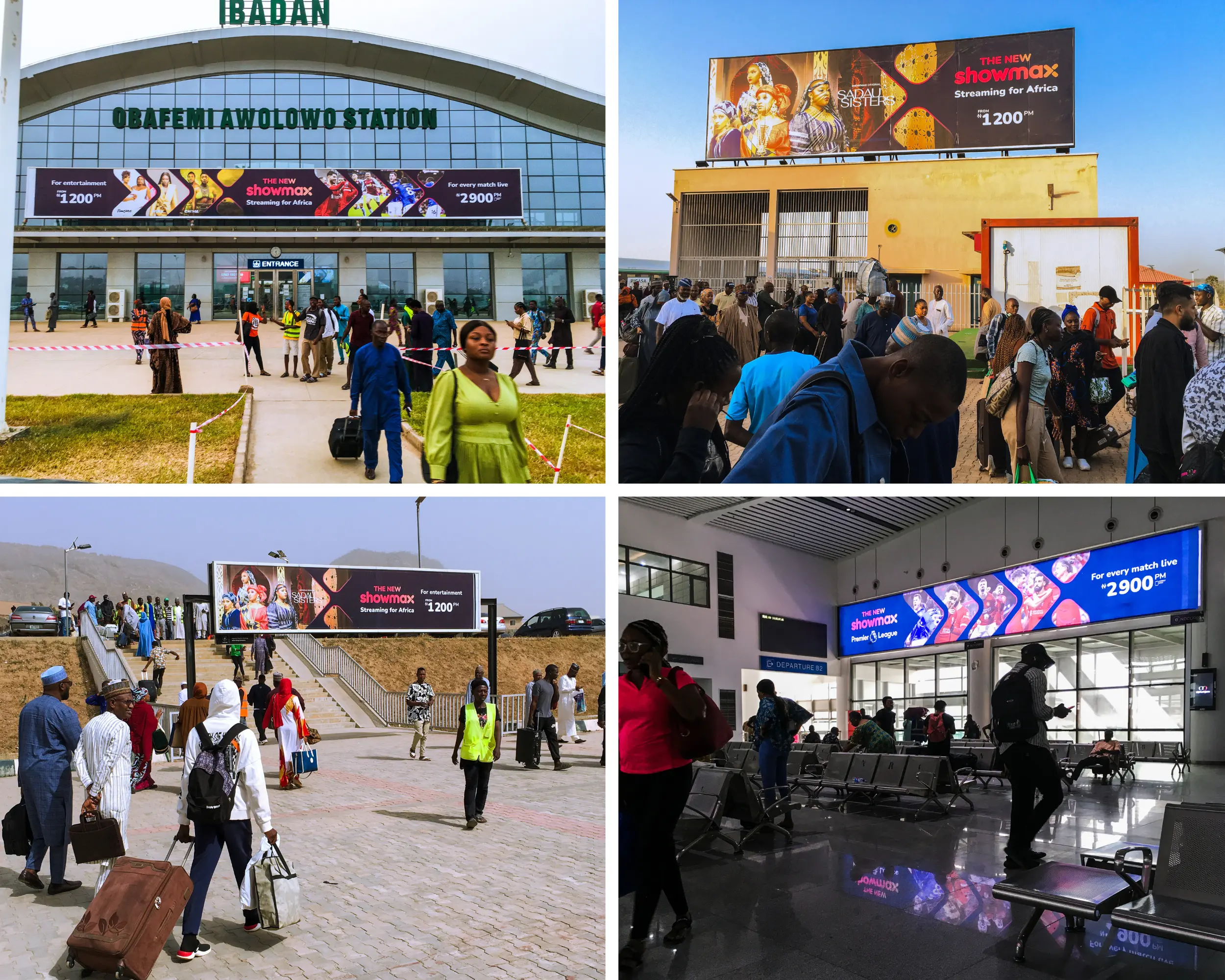 A collage of four images showing Showmax 2.0 ads at different sections of different train stations. The top left image shows a billboard advertising Showmax at the entrance of the Ibadan train station, the top right image shows a billboard advertising Showmax 2.0 on a rooftop at the Rigasa train station, the bottom left image shows a billboard advertising Showmax 2.0 at the Kubwa train station gantry, and the bottom right image shows a billboard advertising Showmax 2.0 in a waiting room of one of the train stations.