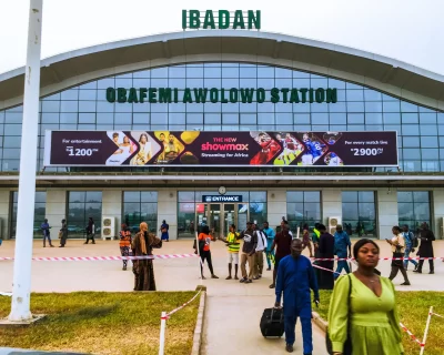 A billboard advertising Showmax 2.0 at the entrance of the Ibadan train station